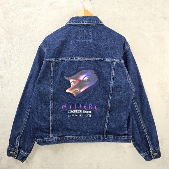 Vintage Mystere Cirque Du Soleil Embroidered Denim Jean Jacket Large 90s Trucker - Picture 1 of 12